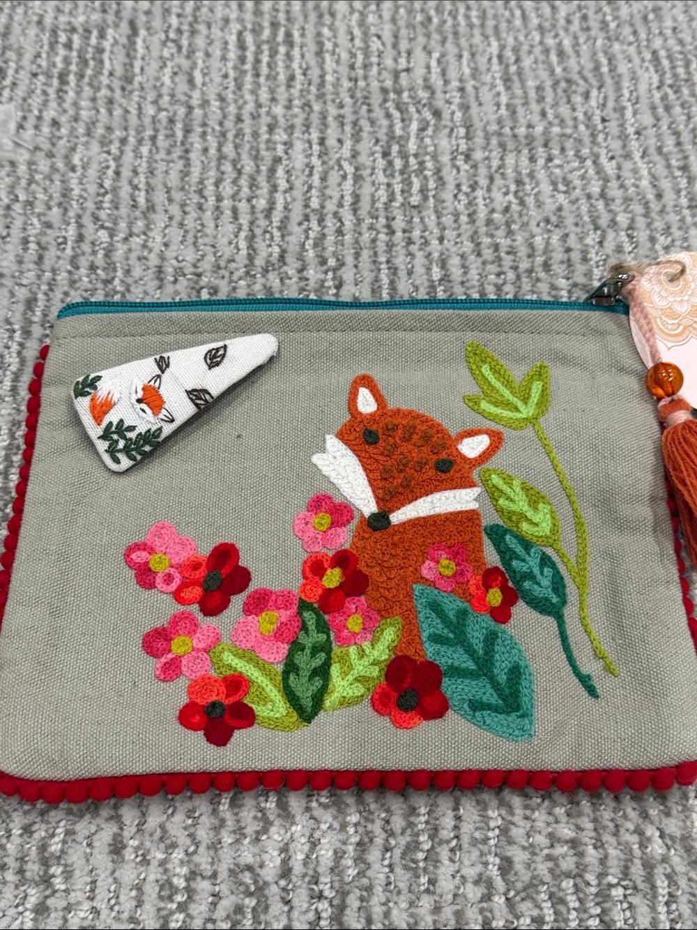 Embroidered Fox Floral Zip Pouch & Fox Hair Barrette